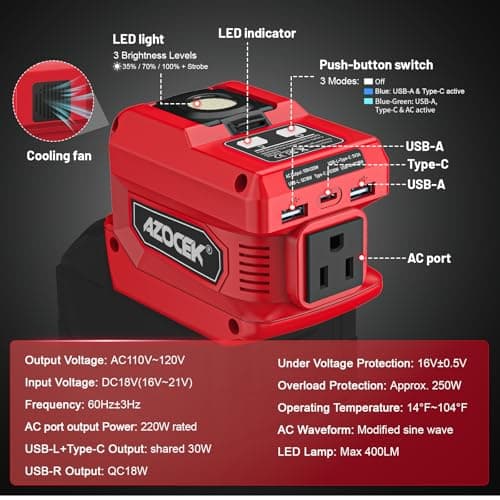 220W Azocek Power Inverter Compatible with Milwaukee 18V Battery, DC 18V to AC 110V Portable Power Station with 1 AC Outlet, 2 USB Ports & 1 Type-C Fast Charging, 400LM LED Work Light