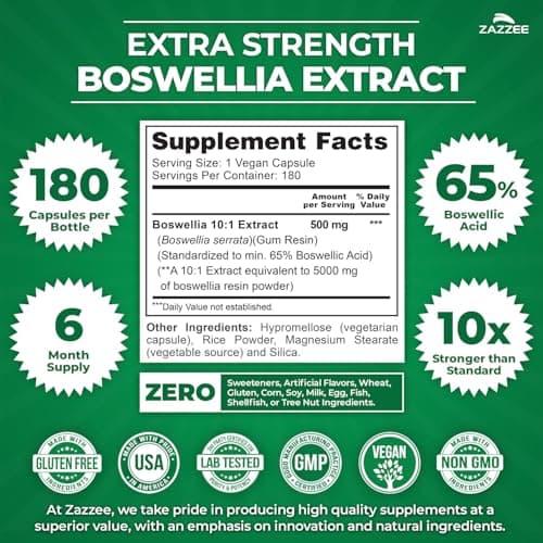 Zazzee Extra Strength Boswellia 10:1 Extract, 65% Boswellic Acid, 180 Vegan Capsules, 6 Month Supply, Boswellia Serrata, Joint Comfort, Mobility & Flexibility Support, Non-GMO, Made in the USA