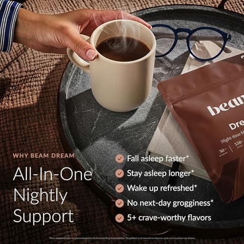 Beam Dream Sleep Powder – Sleep Aid for Adults with Melatonin, Magnesium, L-Theanine, Reishi Mushroom & Apigenin Sleep Supplement, Sleepy Cocoa Bedtime Drink Mix, Brownie Batter Flavor, 30 Servings