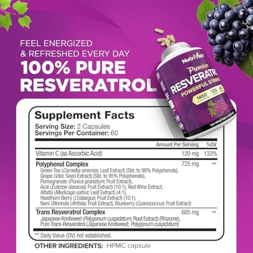 Nutrivein Premium Resveratrol 1450mg - 120 Caps: Pure Trans Resveratrol Supplement Enhanced with Green Tea Leaf & Acai Berry - Aging, Defenses, Brain, Heart, and Joint Support