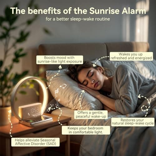 Vivilumens Sunrise Alarm Clock Wireless Charger, 10 White Noise Sound Machine Alarm Clock with 30/60/90 Mins Timer, 3 Levels Touch Night Light Dual Clocks for Heavy Sleeper Bedroom Decor Gift for Her
