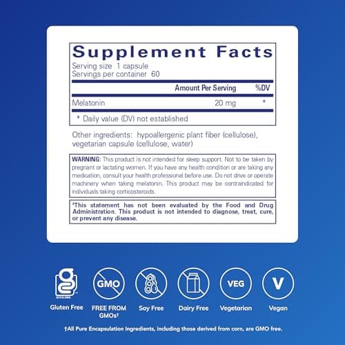 Pure Encapsulations Melatonin 20 mg - Not Intended for Sleep Support - for Immune System & Healthy Cells - 99.5% Purity Melatonin - Gluten Free & Non-GMO - 60 Capsules