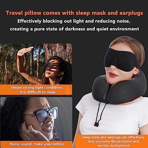 MLVOC Neck Pillow for Traveling, Upgraded 100% Pure Memory Foam Travel Neck Pillow for Airplane Flight Sleep, Breathable & Machine Washable Cover, Travel Kit with 3D Eye Mask, Earplugs & Bag, Black