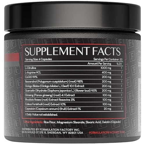 Formulation Factory Heart of Steel - L-Citrulline 1000mg with L-Arginine, CoQ10, Resveratrol, Ginkgo Biloba, Quercetin, Ginseng & Rhodiola - 120 Capsules, 30 Servings