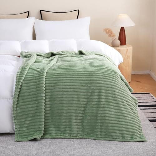 Linecooo Sage Green Fleece Throw Blanket 50”×60” for Couch Sofa Bed,Super Soft Cozy Plush Microfiber Flannel Blanket with Stripes Design Lightweight for Adults,Woman,Girls