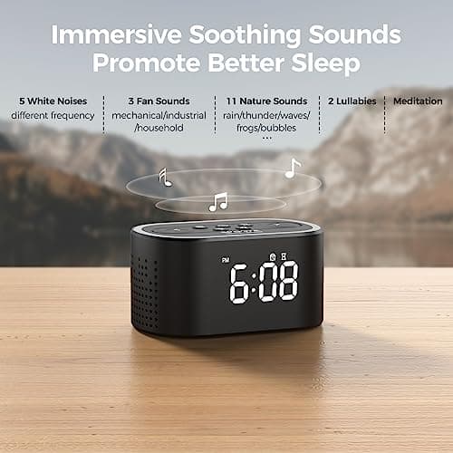Reacher Digital Alarm Clock & White Noise Sound Machine, 21 Soothing Sounds, 7 Wake Up Sounds, 8 Night Lights, 32-Level Volume, 9 Sleep Timer, Memory Function for Kid, Adult, Bedroom, Nightstand