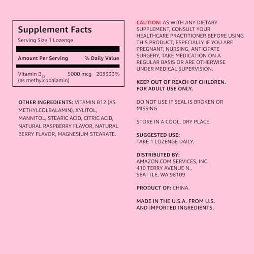 Amazon Elements Vitamin B12 Methylcobalamin 5000 mcg - Normal Energy Production and Metabolism, Immune System Support - 2 Month Supply, Berry Flavored Lozenges, 65 Count (Pack of 1)