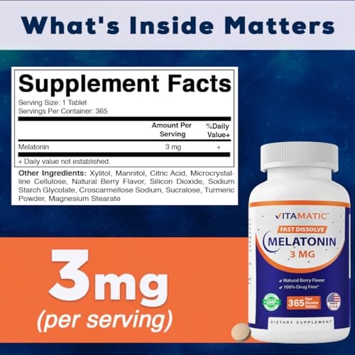 Vitamatic Melatonin 3mg Tablets | Vegetarian, Non-GMO, Gluten Free | 1 Year Supply | Natural Berry Flavor - 365 Tablets