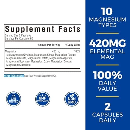 Vitalibre 10 in 1 Magnesium Complex, 420mg Elemental Magnesium | Ultra Strength, Max Absorption | Chelated Magnesium Supplement for Nerves, Bone & Heart Health | Non-GMO, 120 Vegan Capsules
