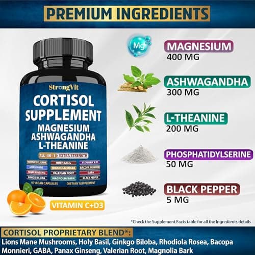 StrongVit Cortisol Supplements for Women and Men with Magnesium, Ashwagandha & L-Theanine. High Cortisol Reducer, Manager, Detox, Lower and Control. Sleep Support & Stress Relief, USA