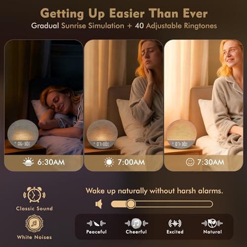 Tap-to-Snooze Sunrise Alarm Clock with Sound Machine, 36 Sounds White Noise Machine for Sleeping Adults, Gradual Sunrise Clock with Bluetooth Speaker & Remote Control, 15-Color Night Light丨Putty