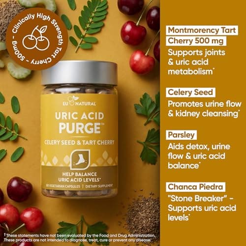 Eu Natural Purge Uric Acid Flush - Eat & Drink What You Want - Uric Acid Support for Joints & Mobility with Celery Seed, Tart Cherry & Chanca Piedra - 60 Vegetarian Capsules