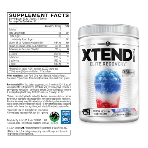 Xtend Original BCAA Powder, 7g BCAAs and 2.5g L-Glutamine for Muscle Recovery Hydration and Lean Muscle, Sugar Free Intra and Post Workout Drink with Electrolytes, Freedom Ice, 30 Servings
