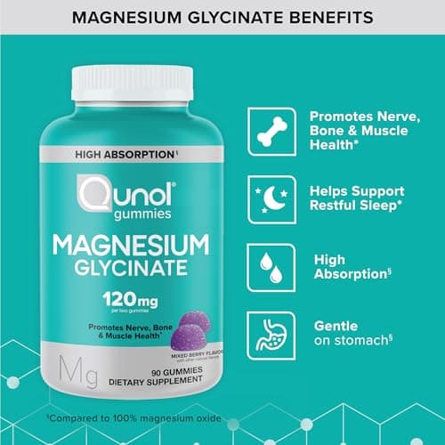 Qunol Magnesium Glycinate Gummies, 120mg of Magnesium Glycinate, High Absorption, Mixed Berry, 90 Count (Pack of 1)
