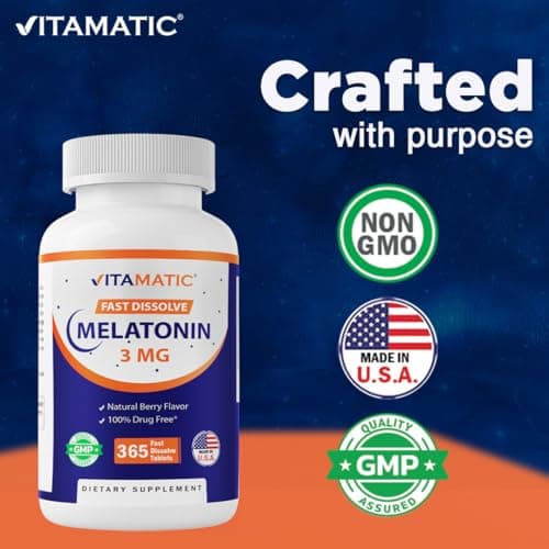 Vitamatic Melatonin 3mg Tablets | Vegetarian, Non-GMO, Gluten Free | 1 Year Supply | Natural Berry Flavor - 365 Tablets