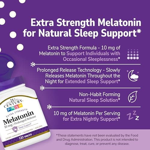 21st Century Melatonin 10mg Extra Strength Tablets, (120 Count), Prolonged Release Sleep Aid for Adults, Promotes Relaxation & Restful Sleep, Non-Habit Forming, Gluten-Free, Non-GMO