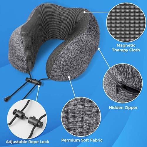 ExploreBliss Travel Pillow, Travel Pillows for Sleeping Airplane, Removable Cover Neck Pillow with Adjustable Clasp, Memory Foam Neck Pillow Set with Eye Mask, Earplugs and Storage Bag (Dark Grey)