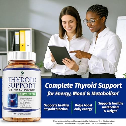 1 Body Thyroid Support Supplement for Women and Men, Selenium with Iodine, Zinc, B12, Ashwagandha and L-Tyrosine, Supports Hormone Health, Energy and Metabolism, 30 Day Supply