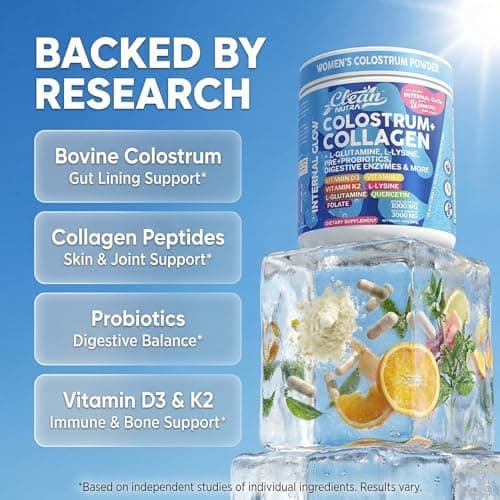 Bovine Colostrum Powder + Collagen Peptides with L-Glutamine L-Lysine Prebiotics Probiotics Digestive Enzymes Vitamin D K2 C Quercetin & Folate | Gut Health Supplement Internal Glow By Clean Nutra