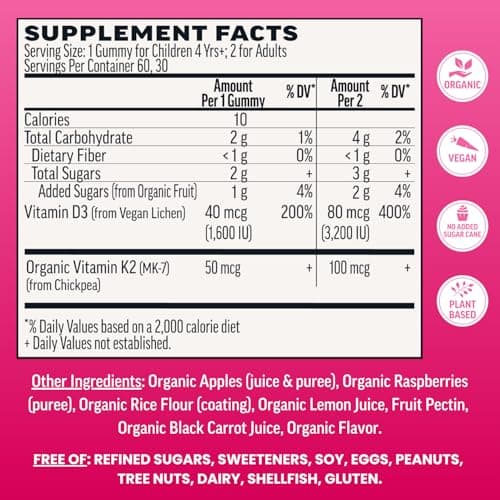Llama Naturals Vitamin D3, Vegan, Organic Immune Support Supplement, Vitamin D Gummies for Adults and Kids, Real Fruit Gummy Vitamins, Promotes Bone Health, No Added Sugar Cane, Raspberry, 60 Ct