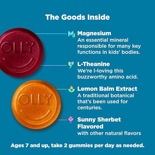 OLLY Kids Chillax Gummy, For a Calm and Relaxed Mood*, Magnesium, L-Theanine, Lemon Balm Extract, Chewable Supplement, Sherbet Flavored, 25 Day Supply - 50 Count (Packaging May Vary)