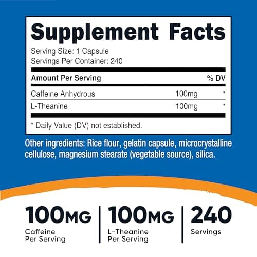 Nutricost Caffeine with L-Theanine, 100mg of Each, 240 Capsules, 240 Servings - Non-GMO and Gluten Free