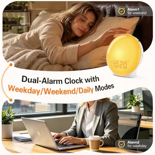 Wake Up Light Sunrise Alarm Clock for Kids, Heavy Sleepers, Bedroom, with Sunrise Simulation, Sleep Aid, Dual Alarms, FM Radio, Snooze, Nightlight, Daylight, 7 Colors, 7 Natural Sounds, Ideal for Gift