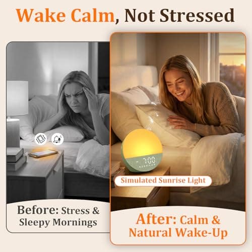 Gentle Wake-Up Sunrise Alarm Clock: 10-60 Min Gradual Light, 20-Level Brightness Enough Wake Up Heavy Sleepers - 30 Smoothing Sounds Machine Easy to Use (Green)