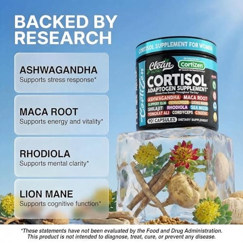 Clean Nutra Cortisol Supplements For Women | Maca Root Ashwagandha Cortisol Detox Manager Reducer + Slippery Elm Fenugreek Lions Mane Shilajit Rhodiola Sea Moss Tongkat Ali Cordyceps Ginseng Beet Root