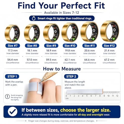 Aoyool Smart Ring Health & Fitness Tracker for Men & Women, Heart Rate, SPO₂, Sleep & Activity Monitoring, IP68 Waterproof, Long Battery Life, Family Care Mode, No Subscription Fee (Gold, 8)