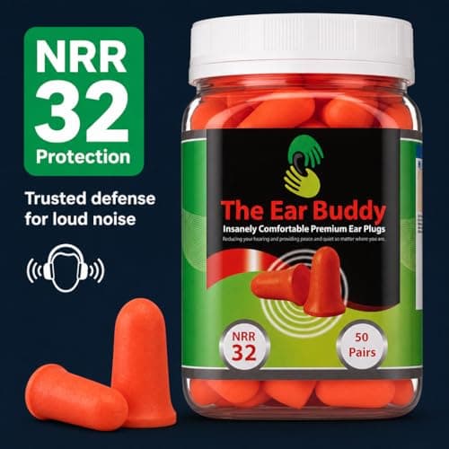 The Ear Buddy Premium Soft Foam Ear Plugs for Sleeping Noise Cancelling, Hearing Protection Earplugs for Shooting Range, Concerts, Work & Travel, Noise Reduction Rating 32 Decibels, 50 Pairs