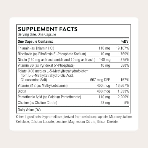 THORNE - Basic B-Complex - Tissue-Ready Vitamin B Complex Supplement with Choline - Supports Cellular Energy Production, Brain Health & Red Blood Cell Formation* - Gluten-Free - 60 Servings