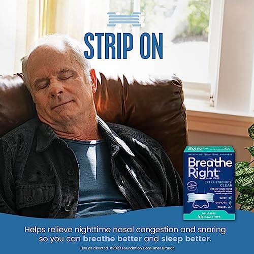 Breathe Right Nasal Strips, Extra Strength Clear Nose Strips, Drug-Free Nasal Congestion Relief for Better Breathing, Help Relieve Snoring, Caused by Colds & Allergies, Deviated Septum, 44ct