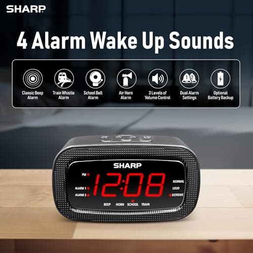 Sharp Shockwave Alarm Clock for Heavy Sleepers – 105dB Ultra-Loud Wake-Up, Air Horn, School Bell, Train Whistle, Beep, Dual Alarms, 3 Adjustable Volumes, LED Display Dimmer