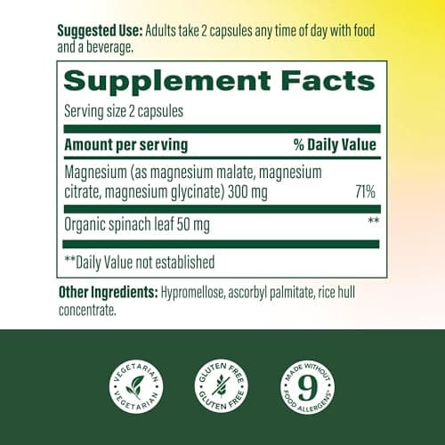MegaFood Magnesium Glycinate, Citrate, Malate 300mg Supplement - Highly Absorbable Blend to Support Heart, Nerve Health & Relaxation, Triple Magnesium Complex Supplement, 60 Capsules (30 Servings)