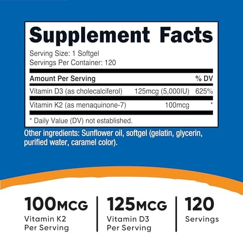 Nutricost Vitamin D3 + K2 (5000 IU D3 / 100mcg MK7), 120 Softgels – Gluten-Free & Non-GMO
