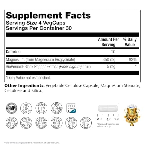 SOLARAY Magnesium Glycinate Capsules, Chelated Magnesium Bisglycinate w/BioPerine, Higher Absorption Magnesium Supplement - Bones, Muscles, Heart Support, Vegan (30 Servings, 120 VegCaps)
