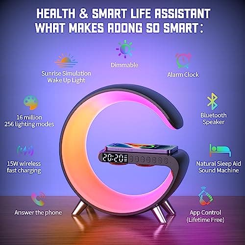 Smart Wireless Charging Alarm Clock with Bluetooth Speaker, App Controlled Bedside Lamp Table Light and Night Light, Bedroom Home Decor, Gift for Girls Boys and Family for Birthday Christmas (Black)