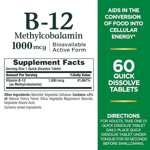 Nature's Bounty Vitamin B-12 Quick Dissolve Tablets, 1000mcg, Aids in the Conversion of Food into Cellular Energy, Cherry Flavor, 60ct