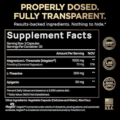 Triple Sleep Magnesium L-Threonate w. Apigenin, Theanine & Magtein Magnesium L Threonate - High Absorption Magnesium Supplement Capsules for Men and Women Magnesium Powder Pills