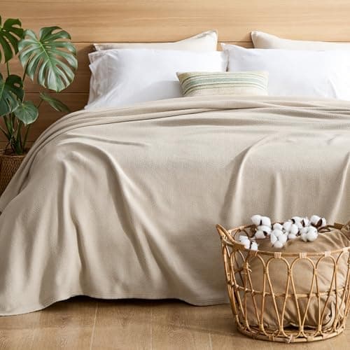 Bedsure GentleSoft 100% Cotton Blanket Queen Size for Bed - Breathable and Lightweight, Soft Cozy Textured Herringbone Woven Summer Blanket for Home Decor, Linen Beige, 90x90 inches