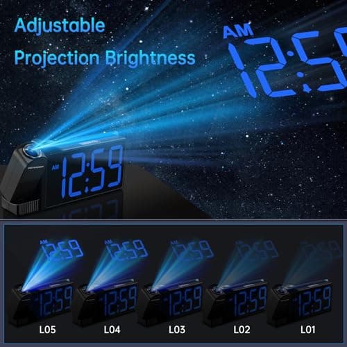 Peakeep Projection Alarm Clock for Bedroom Ceiling 180° Rotatable, Loud for Heavy Sleepers, Colorful Nightlight, 5 Brightness Dimmable Large Number Bedside Electric LED Digital Clock with USB Port