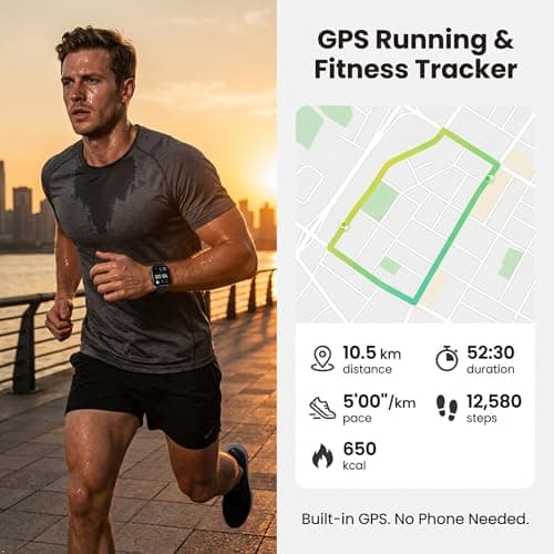 moutarlier GPS Runners Smart Watch with Heart Rate Sensor, Track, Calorie & Step Counting, Sleep & Oxygen Tracking, AMOLED Large Display, 50m Waterproof, Long Battery（Black