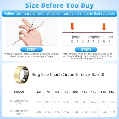 GJKQRJ Smart Ring Health Tracker for Women & Men, Fitness Ring with Heart Rate Blood Oxygen, Sleep Monitor, Step Tracker, IP68 Waterproof Compatible with iOS & Android, No Subscription Fee (Gold, 7)