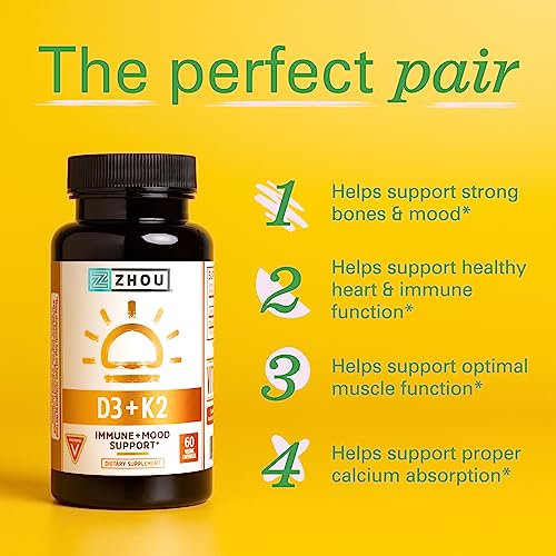 Zhou D3+K2 - Vitamin D3 K2 Supplement for Women & Men, Immune Support Vit D3 and K2 Supplements, Pure Vegetarian Formula with 5000 IU of D3 and MK-7 - 60 Veggie Capsules (Pack of 1)