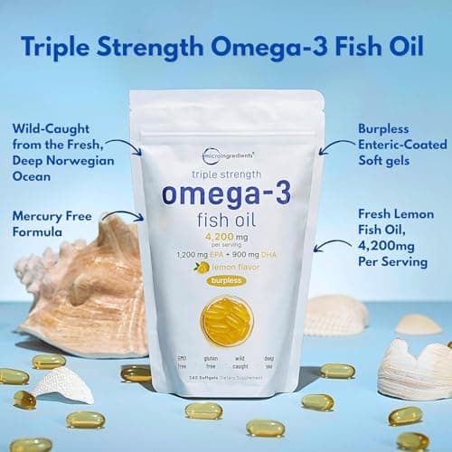 Micro Ingredients Triple Strength Omega 3 Fish Oil Supplements 4200mg Per Serving, 240 Softgels – Lemon Flavored – Burpless | EPA 1200mg + DHA 900mg | Deep Sea Fish