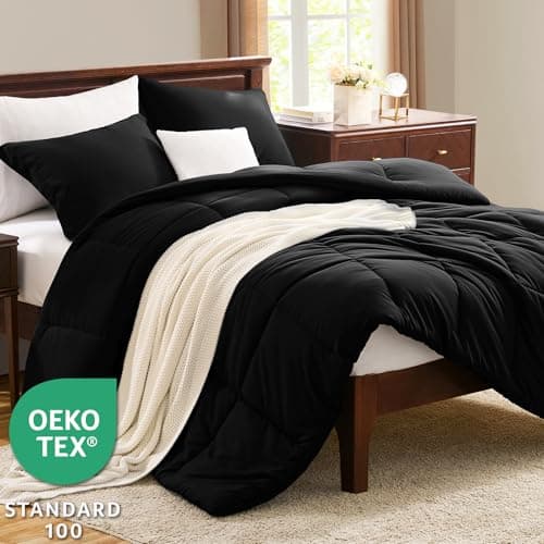 CozyLux Queen Comforter Set Black - 3 Pieces Box Stitched Comforters Queen Size, Soft Bed Set for All Seasons, Lightweight Bedding Sets with 1 Down Alternative Comforter and 2 Pillow Shams