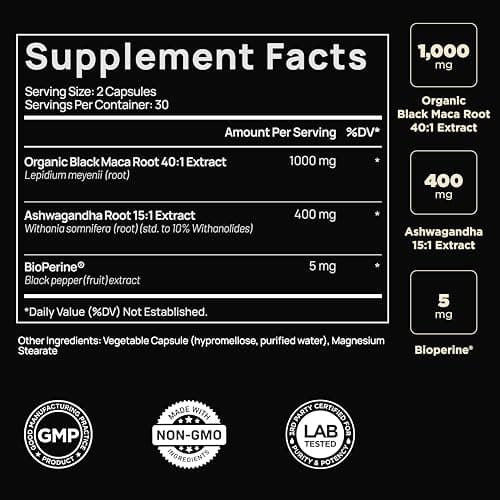 40x Strength Organic Black Maca Root w. Ashwagandha - #1 Highest Potency Black Maca Root Capsules for Men Supplement 40:1 Extract - 100% Pure Maca Peruana Gelatinized Maca Root Powder Pills