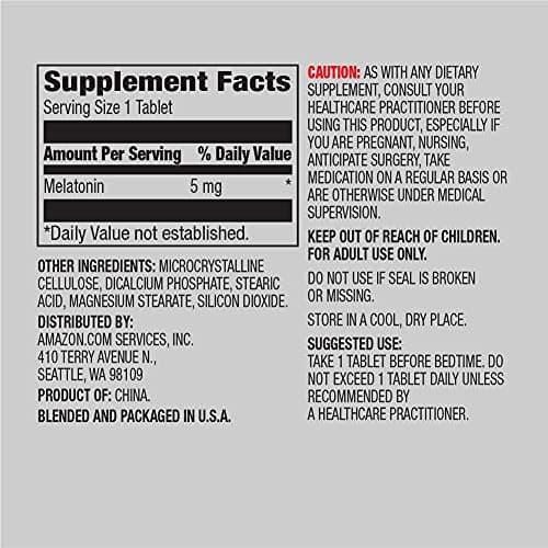Amazon Elements - Melatonin 5mg Capsules, Helps with occasional sleeplessness, Vegan, Unflavored, 195 Count (Pack of 1), 6 month supply (Packaging may vary)