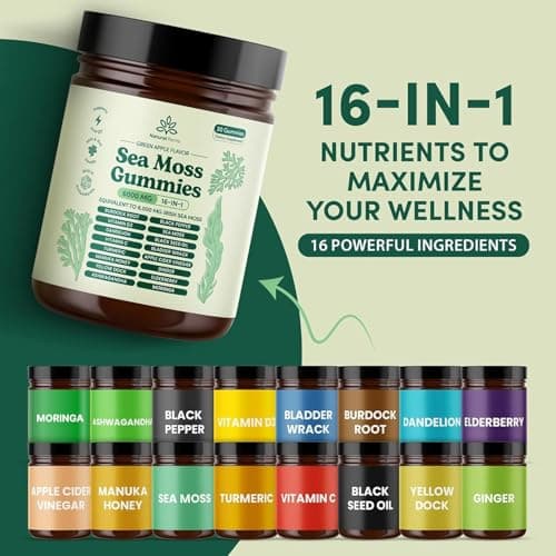 Natural Rems Sea Moss Gummies 16-in-1 - Ashwagandha Black Seed Oil Bladder Wrack Turmeric Vitamin C & D3 with Manuka Burdock Root Dandelion Yellow Dock Elderberry Apple Cider Vinegar (Green Apple)